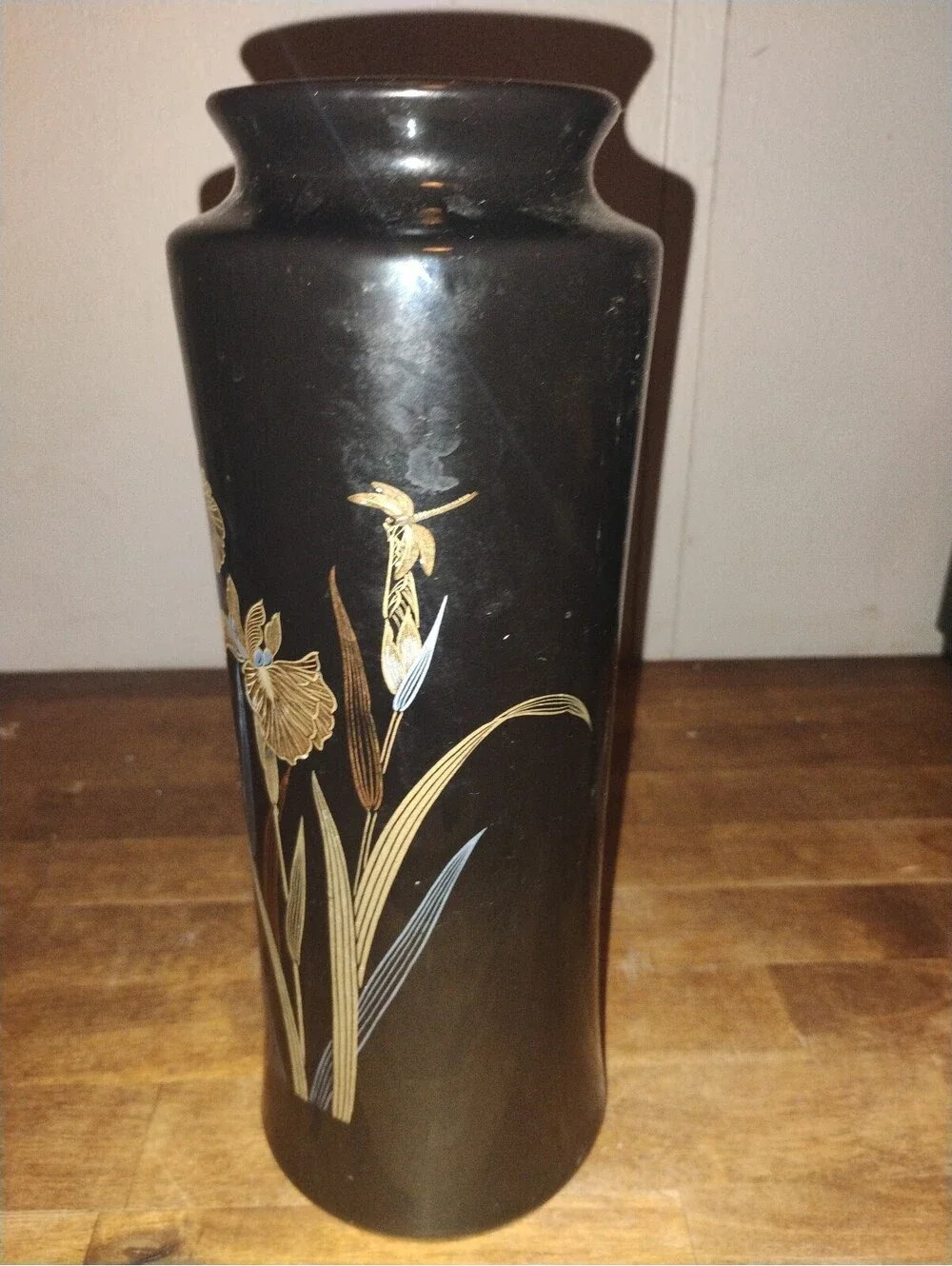 Vintage Black Floral Decorative Table Vase with Gold and Blue Iris Design